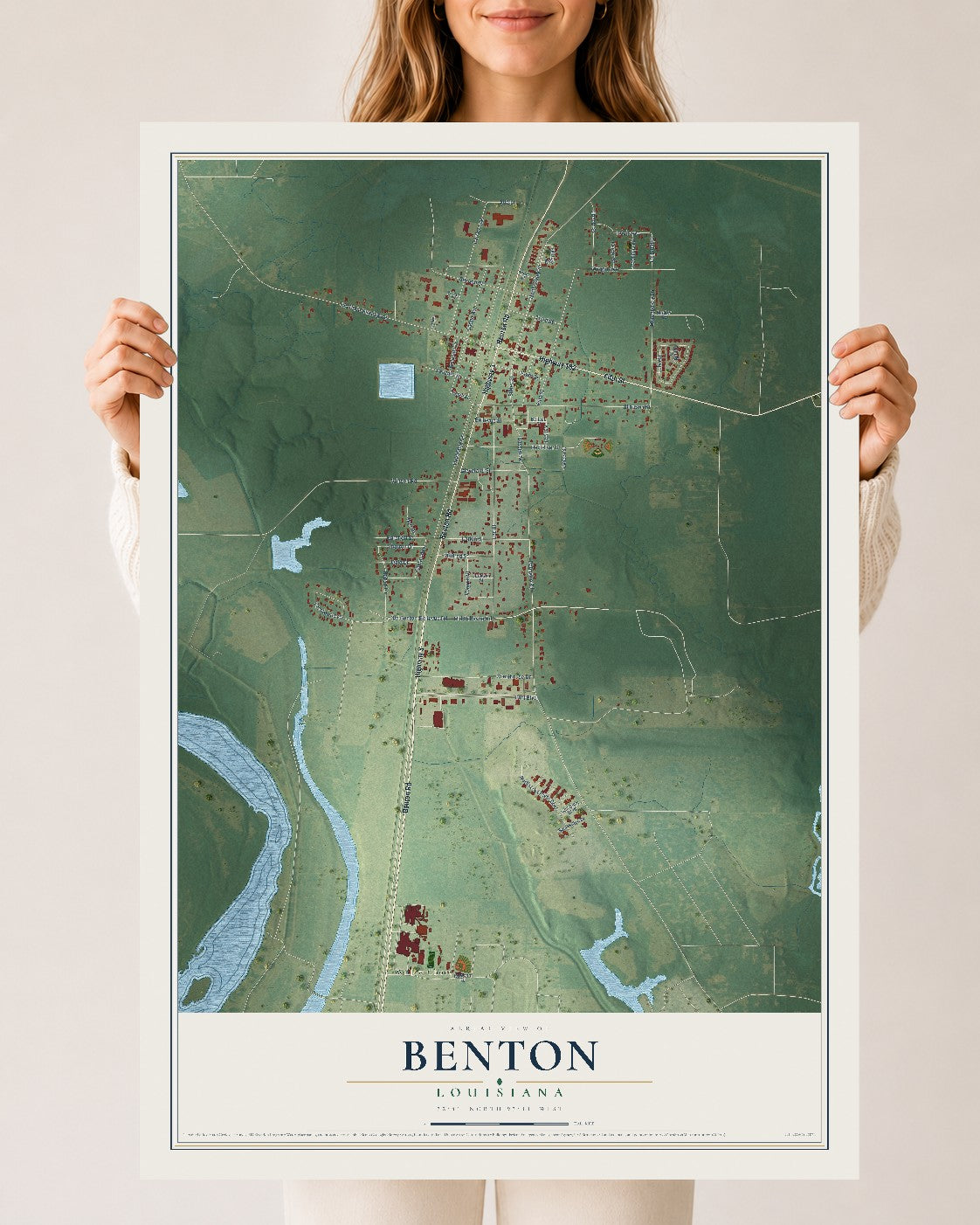 Map of Benton, Louisiana, 24 x 36 inch unframed archival matte print