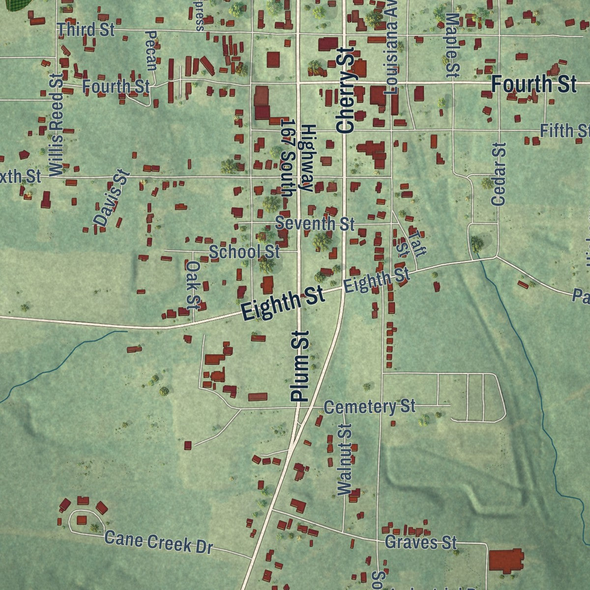 Close-up of the map of Bernice, Louisiana print showing street and building detail