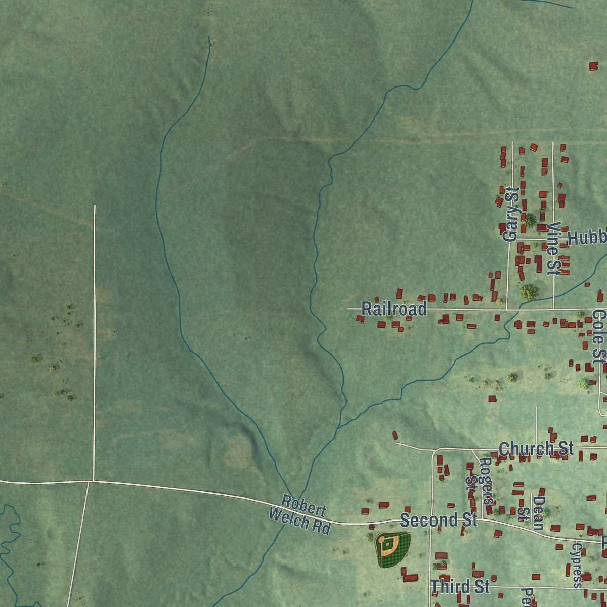 Second close-up of the map of Bernice, Louisiana print showing more streets and buildings