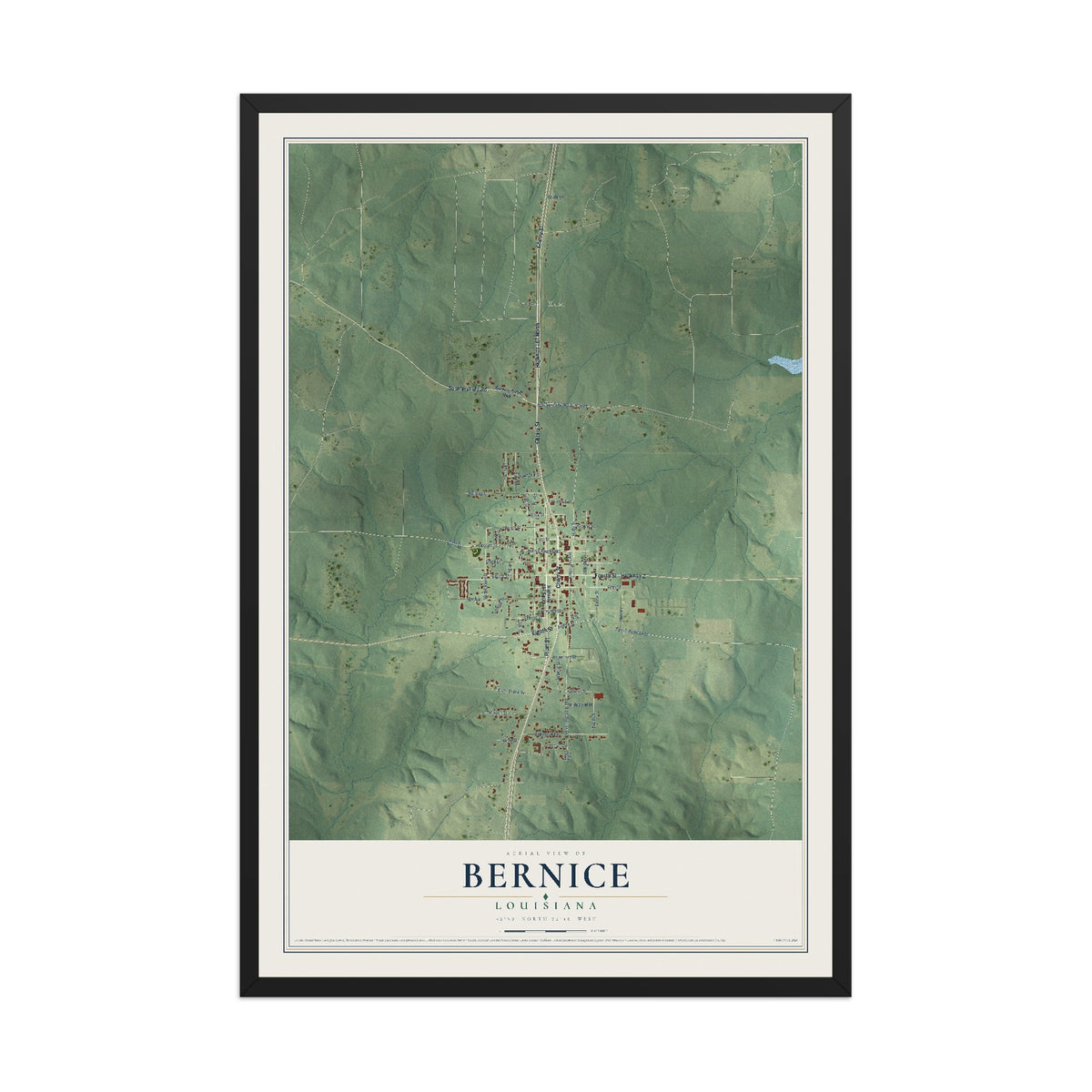 Map of Bernice, Louisiana, 12 x 18 inch print in a black wood frame