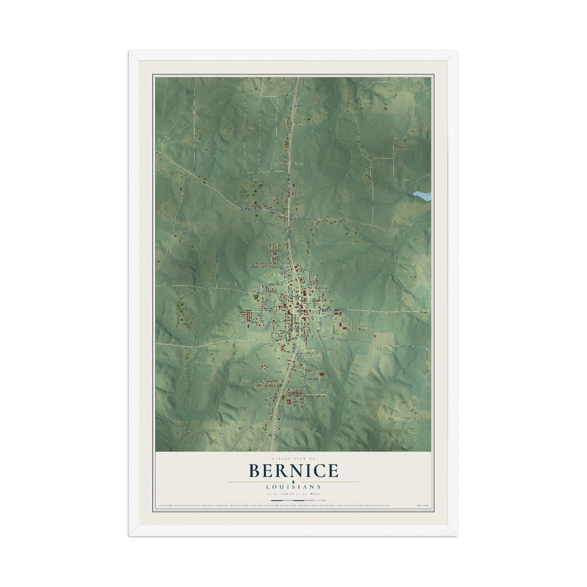 Map of Bernice, Louisiana, 12 x 18 inch print in a white wood frame