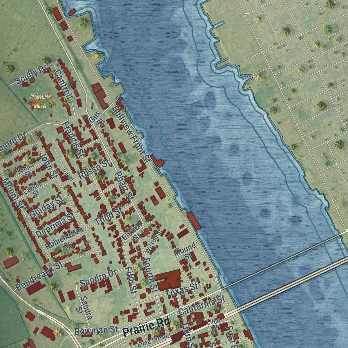 Close-up of the map of Berwick, Louisiana print showing street and building detail