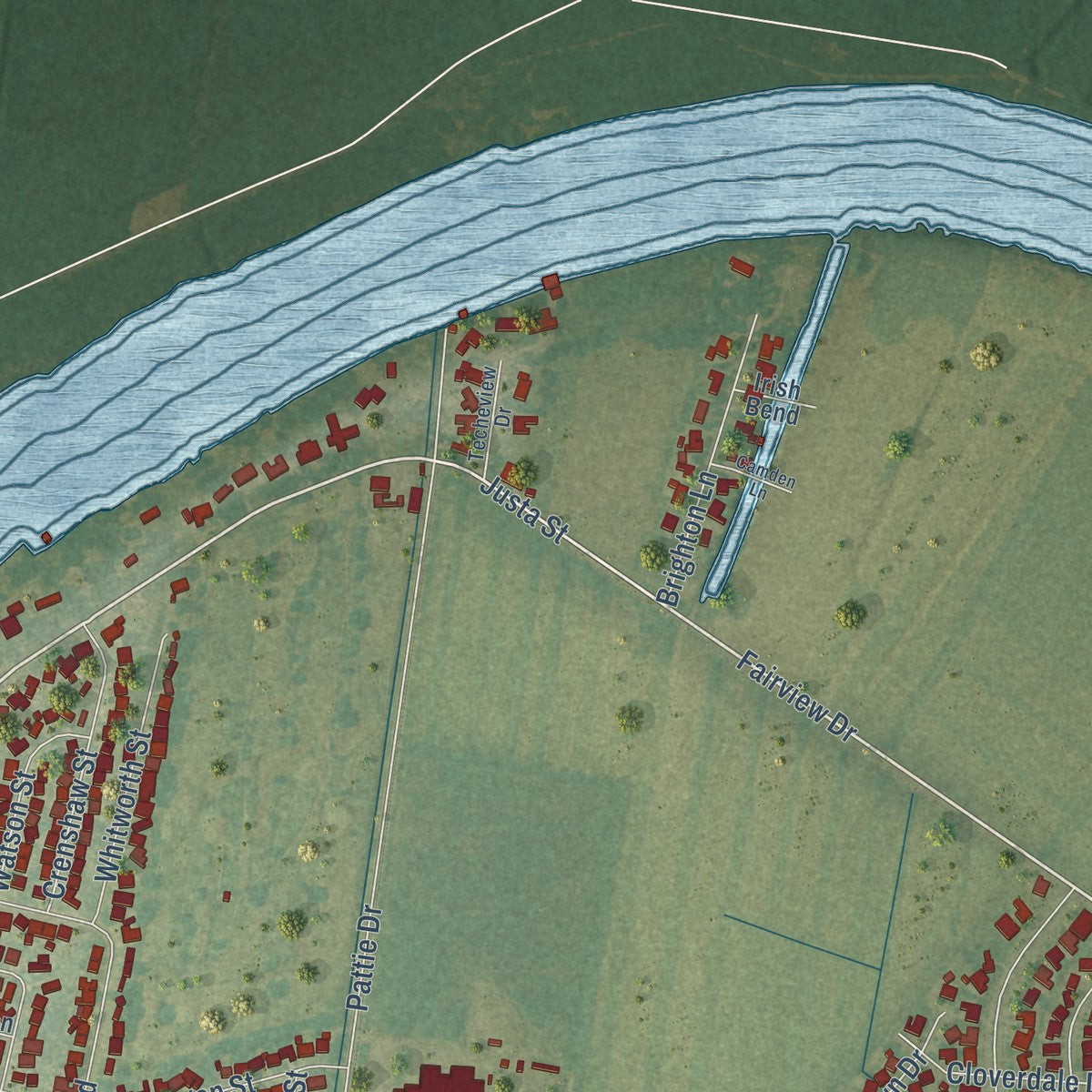 Second close-up of the map of Berwick, Louisiana print showing more streets and buildings