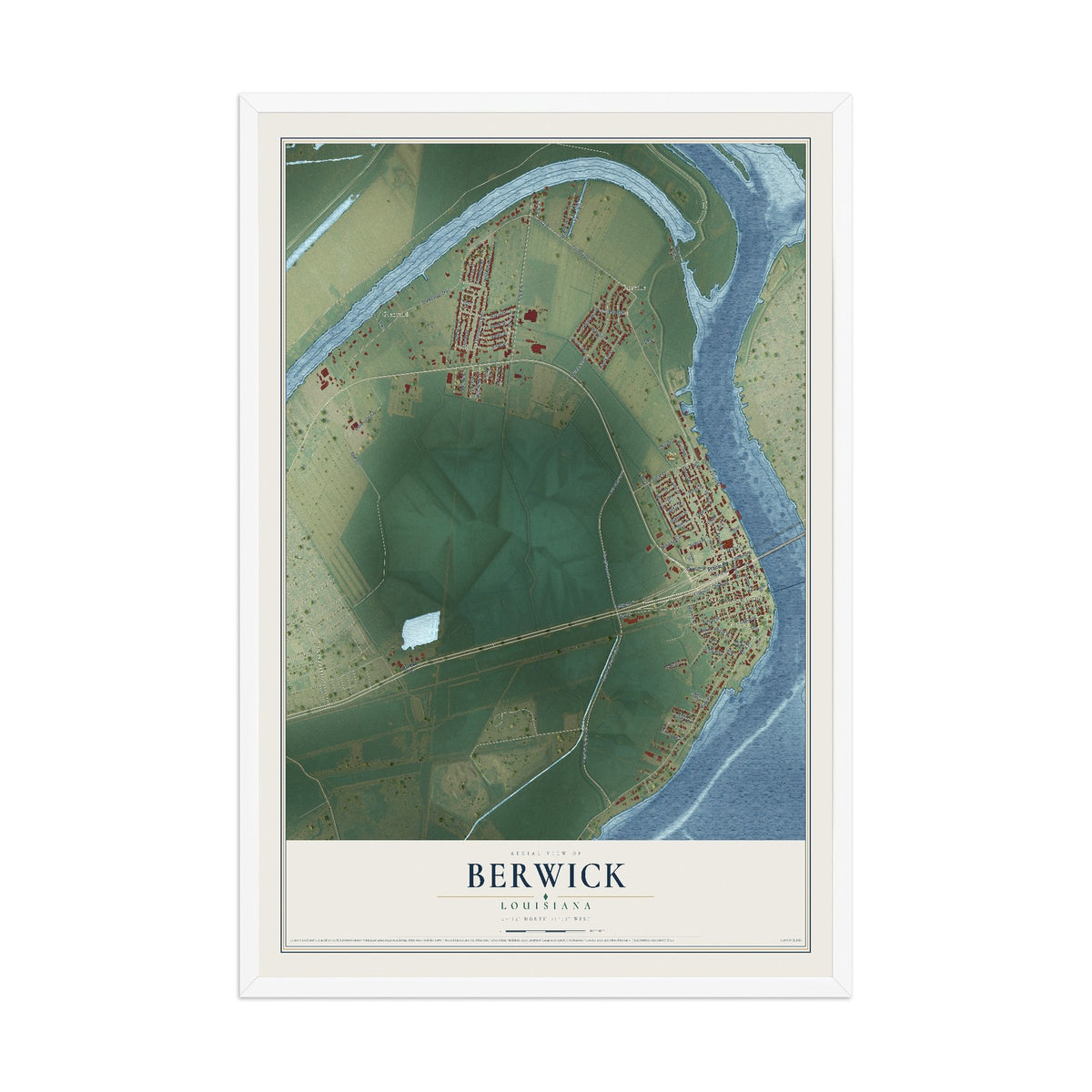 Map of Berwick, Louisiana, 12 x 18 inch print in a white wood frame