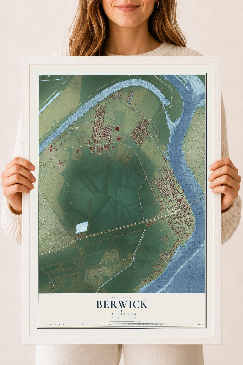 Map of Berwick, Louisiana, 18 x 24 inch print in a white wood frame