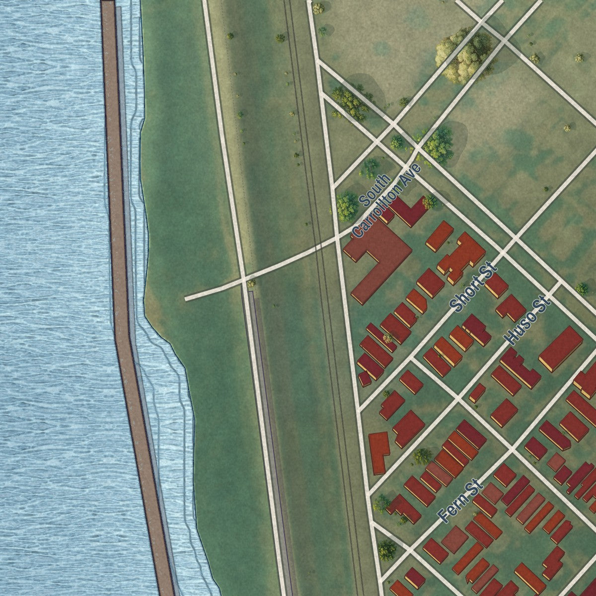 Second close-up of the map of Black Pearl, Louisiana print showing more streets and buildings