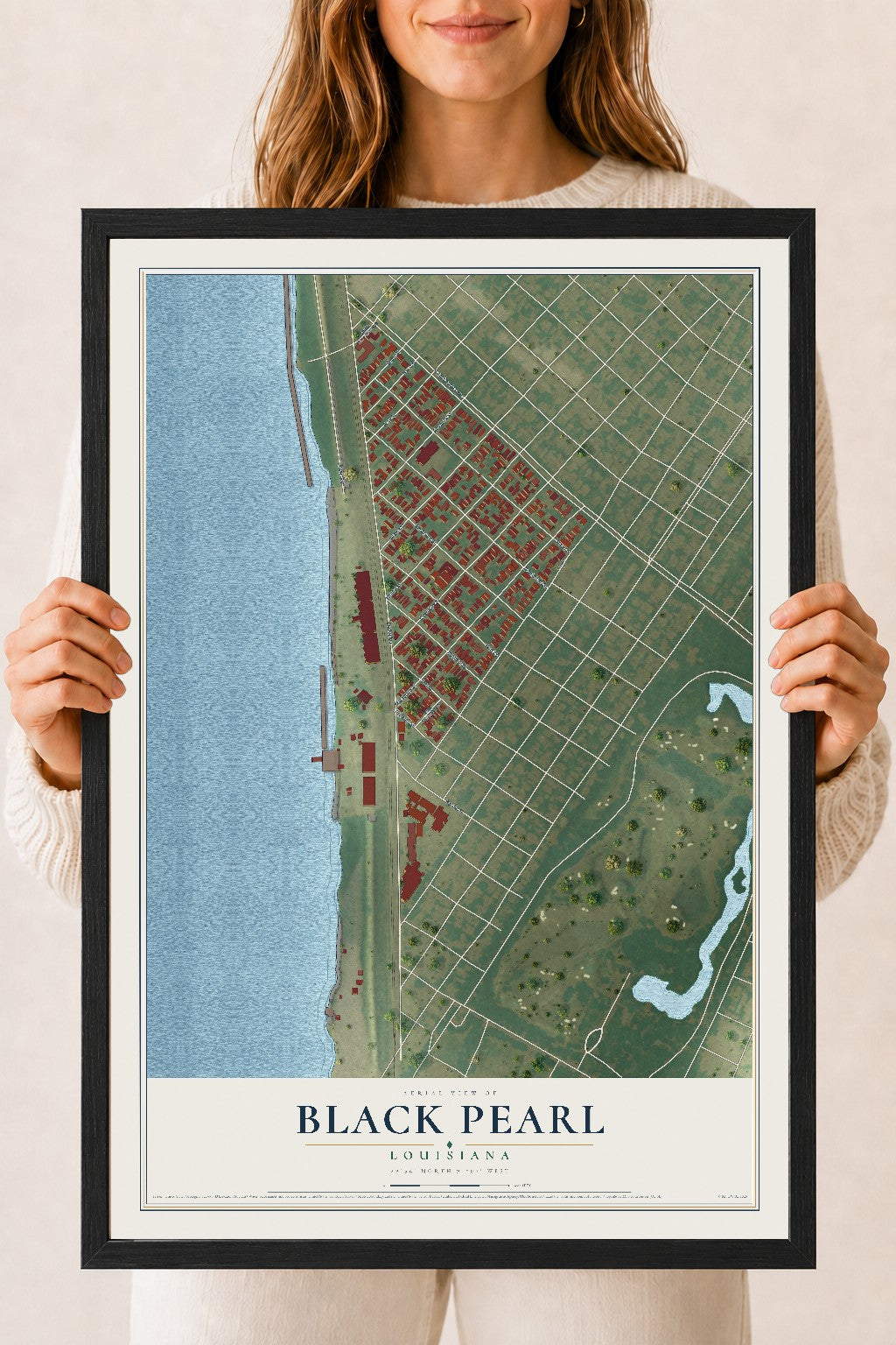 Map of Black Pearl, Louisiana, 18 x 24 inch print in a black wood frame