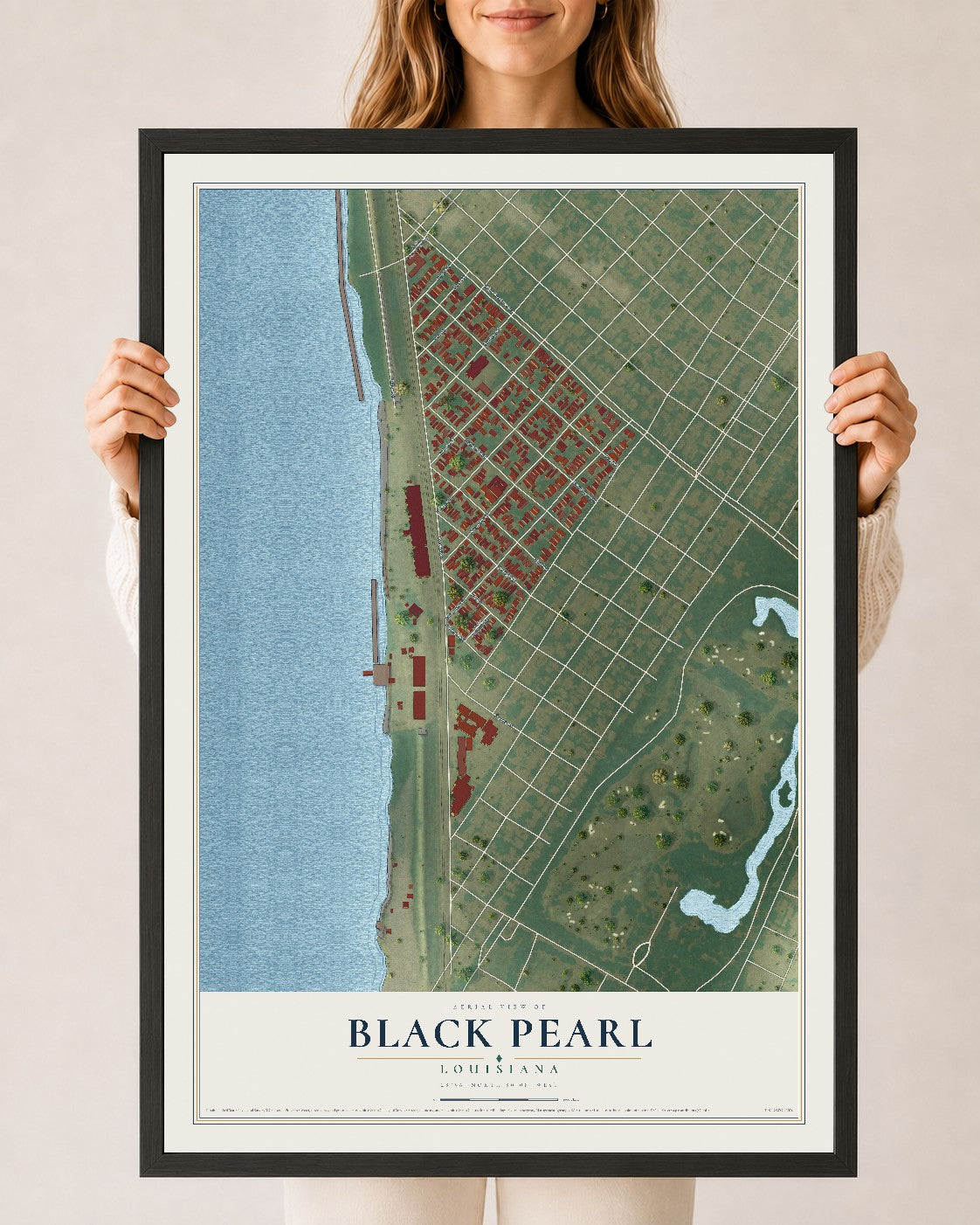Map of Black Pearl, Louisiana, 24 x 36 inch print in a black wood frame