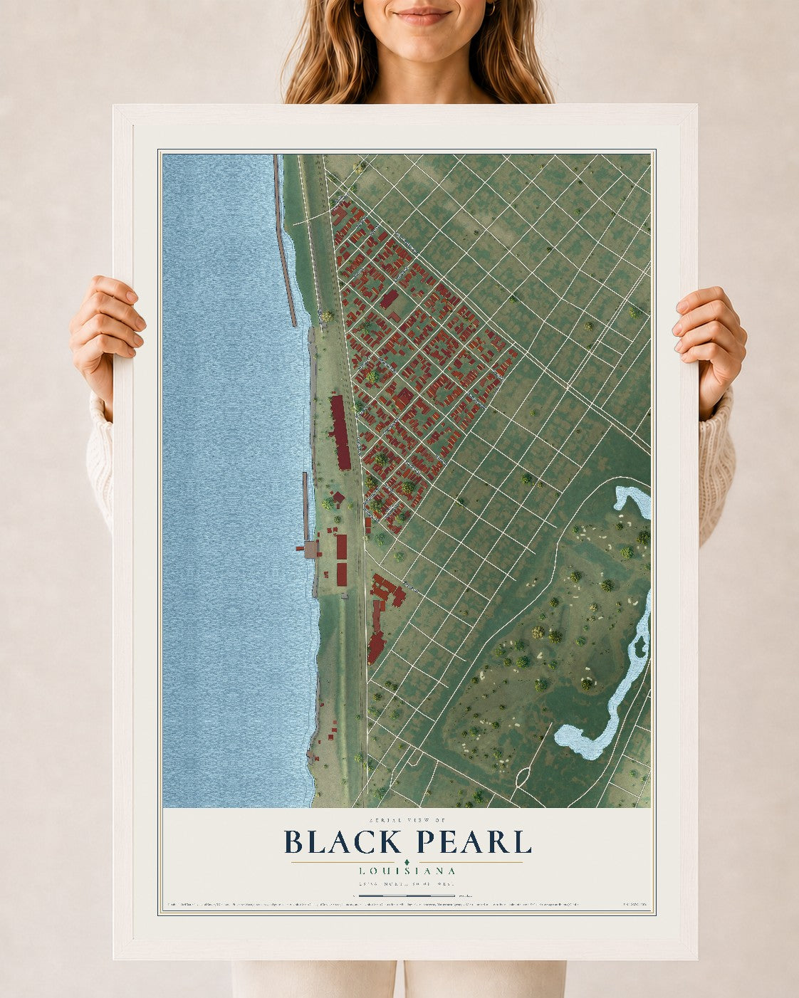 Map of Black Pearl, Louisiana, 24 x 36 inch print in a white wood frame
