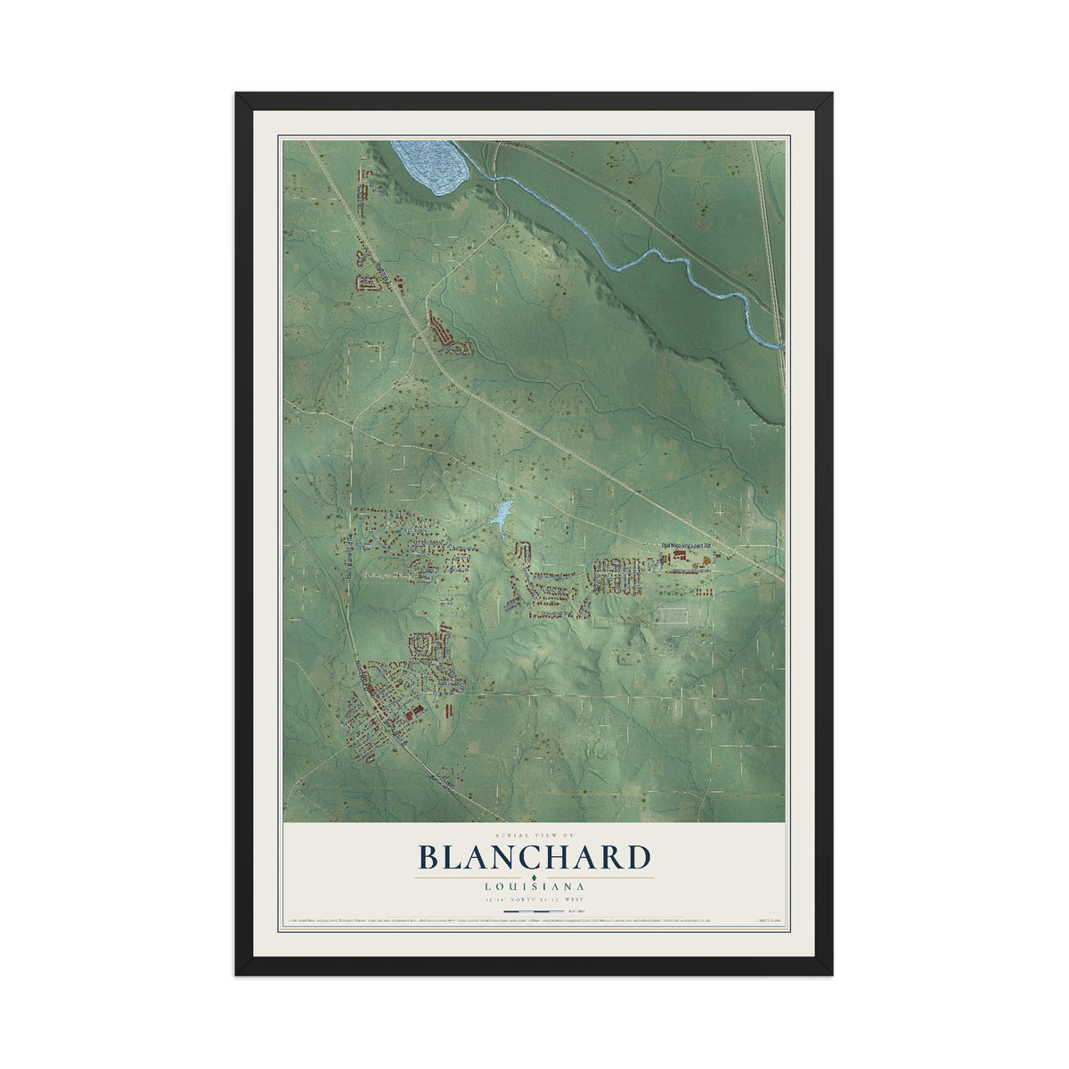 Map of Blanchard, Louisiana, 12 x 18 inch print in a black wood frame