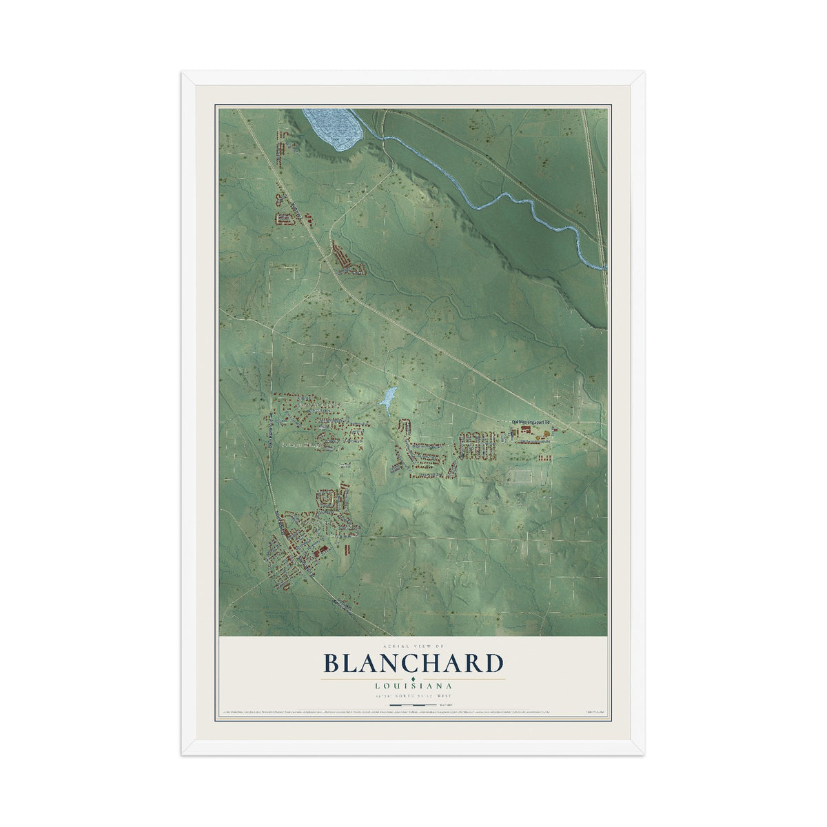 Map of Blanchard, Louisiana, 12 x 18 inch print in a white wood frame