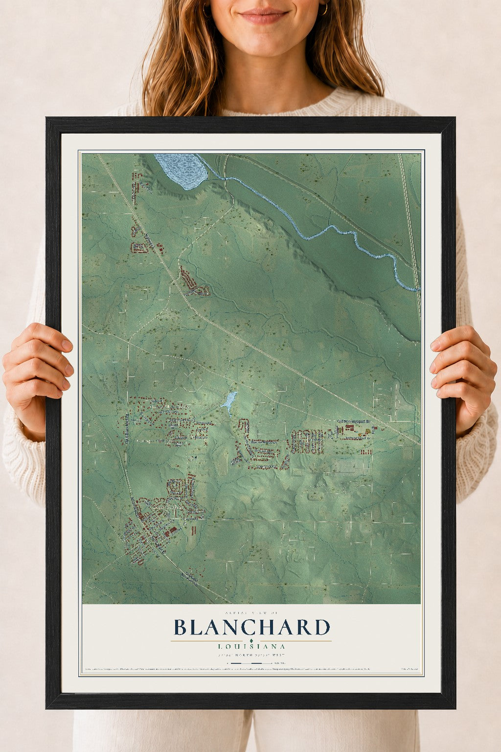 Map of Blanchard, Louisiana, 18 x 24 inch print in a black wood frame