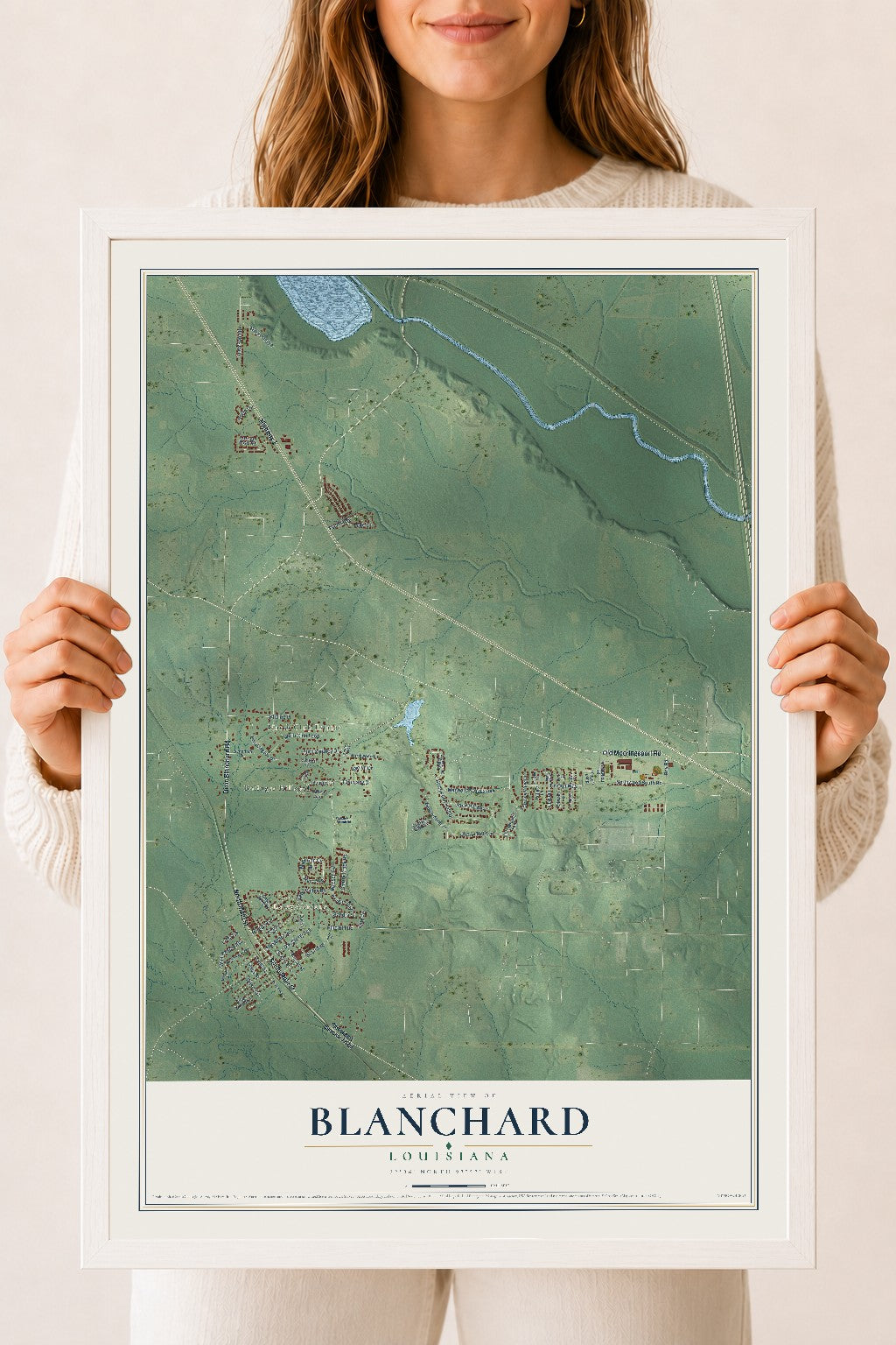 Map of Blanchard, Louisiana, 18 x 24 inch print in a white wood frame