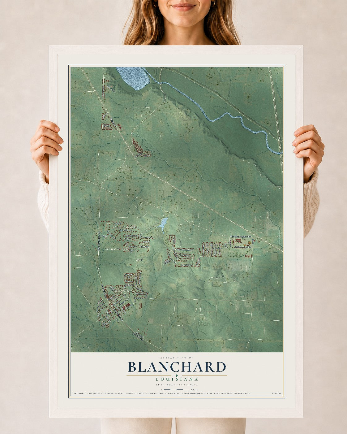 Map of Blanchard, Louisiana, 24 x 36 inch print in a white wood frame