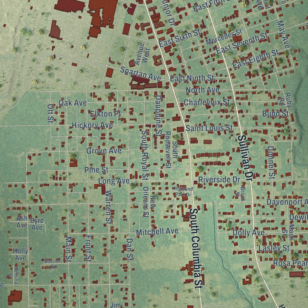 Close-up of the map of Bogalusa, Louisiana print showing street and building detail