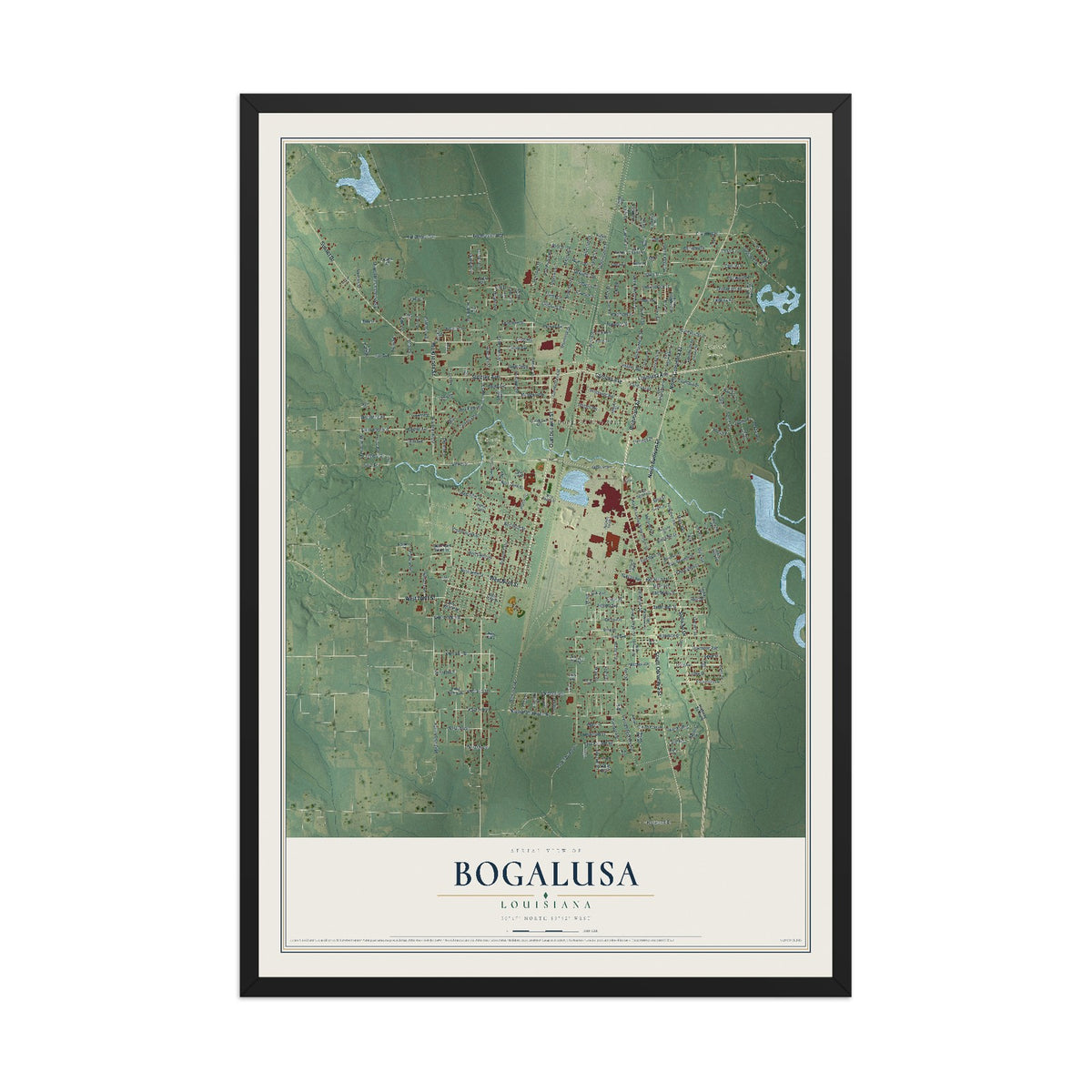 Map of Bogalusa, Louisiana, 12 x 18 inch print in a black wood frame