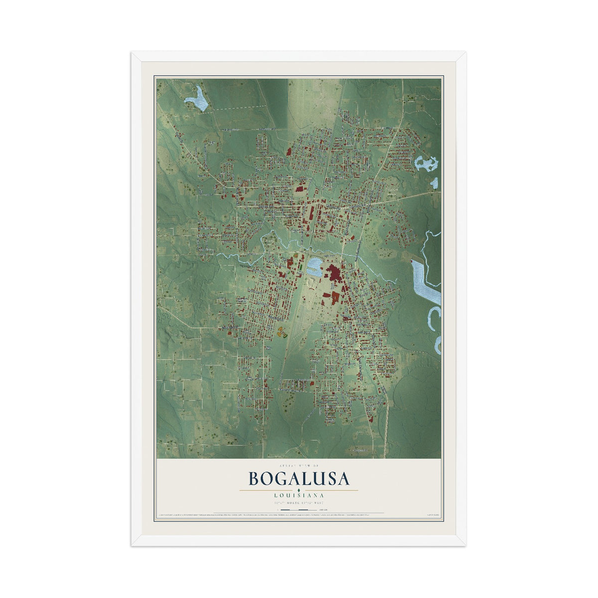 Map of Bogalusa, Louisiana, 12 x 18 inch print in a white wood frame