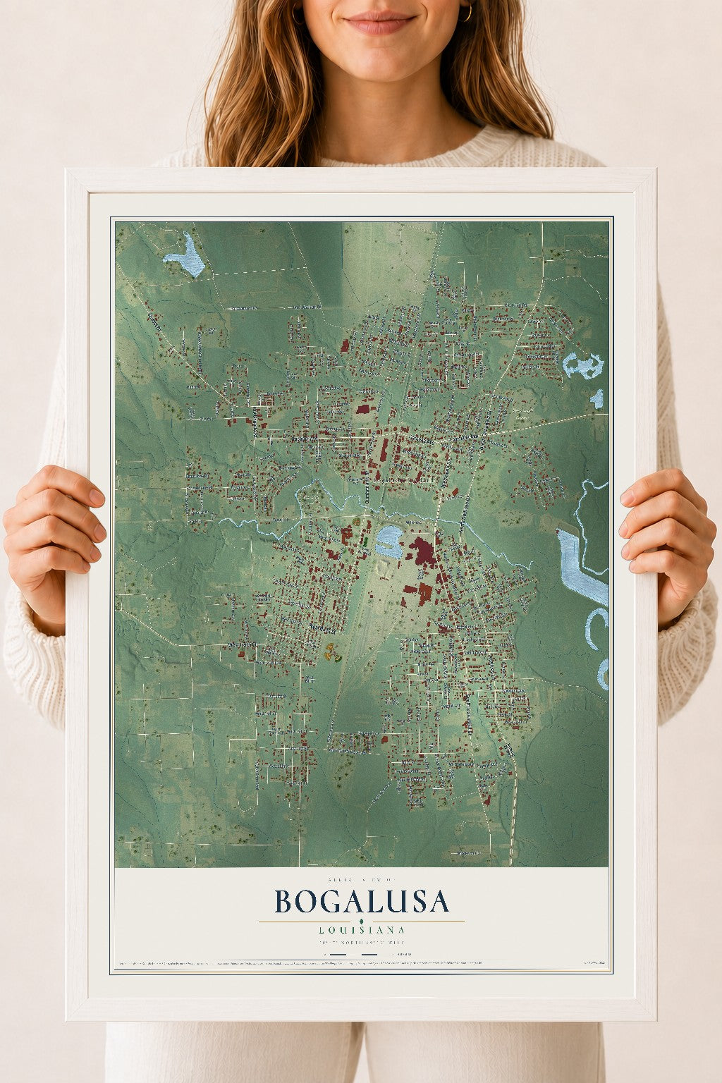 Map of Bogalusa, Louisiana, 18 x 24 inch print in a white wood frame