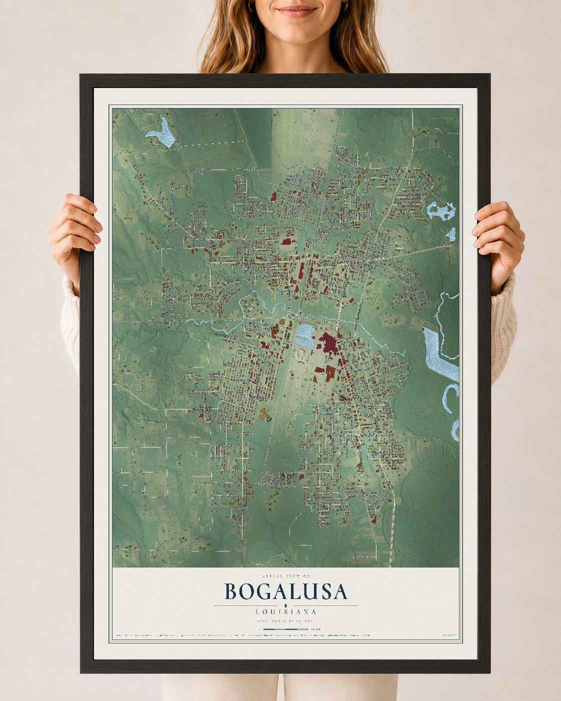 Map of Bogalusa, Louisiana, 24 x 36 inch print in a black wood frame
