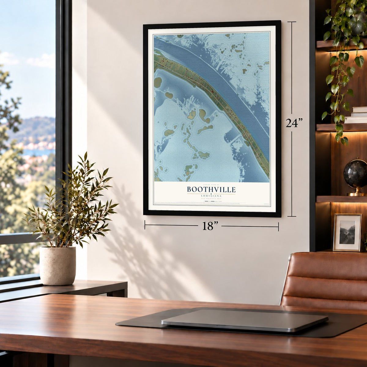 Boothville, Louisiana map, 18 x 24 inch print in a black frame in a home office