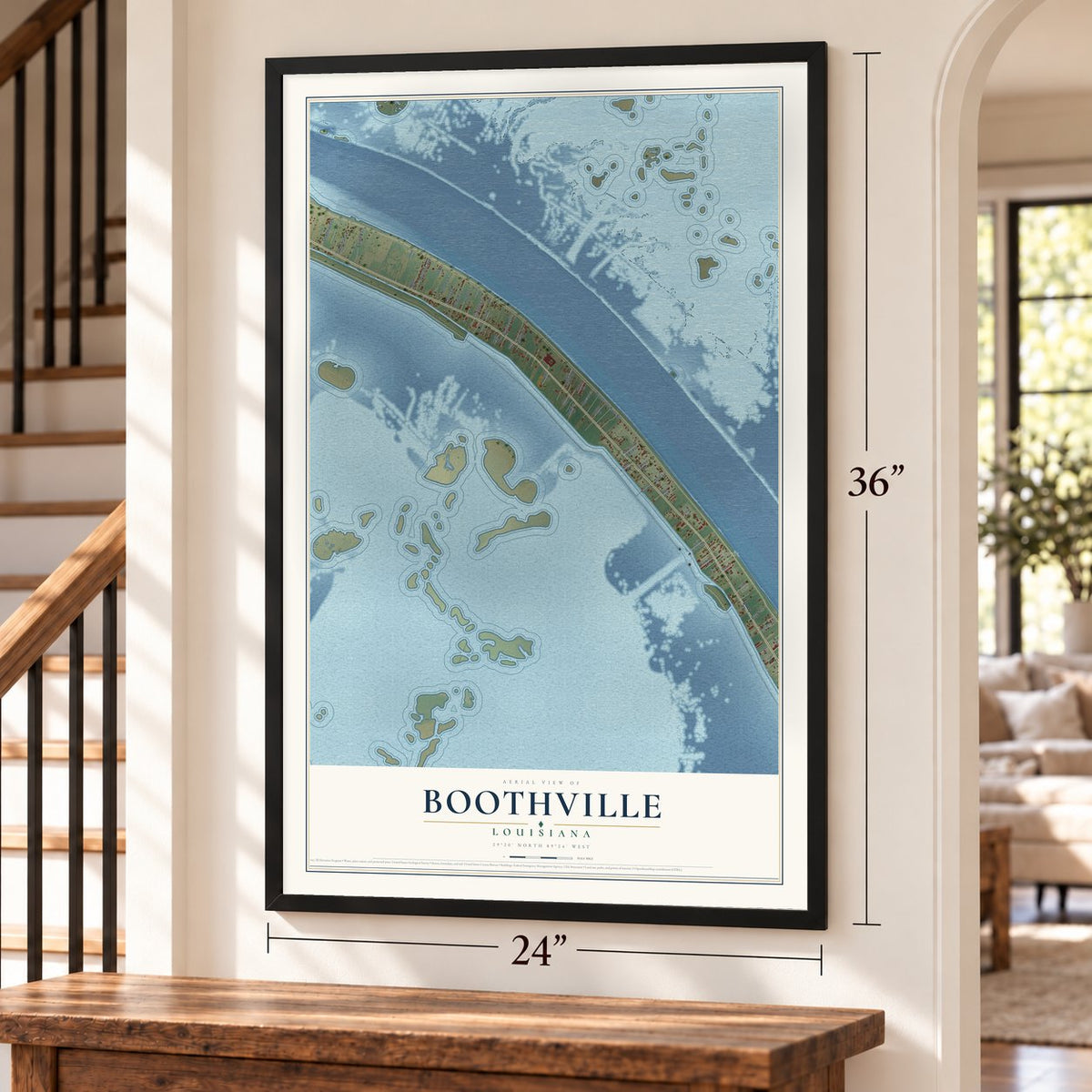 Boothville, Louisiana map, 24 x 36 inch print in a black frame by a staircase