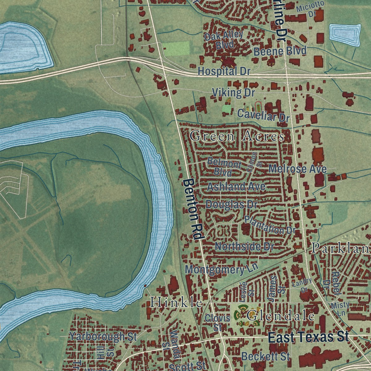 Second close-up of the map of Bossier City, Louisiana print showing more streets and buildings