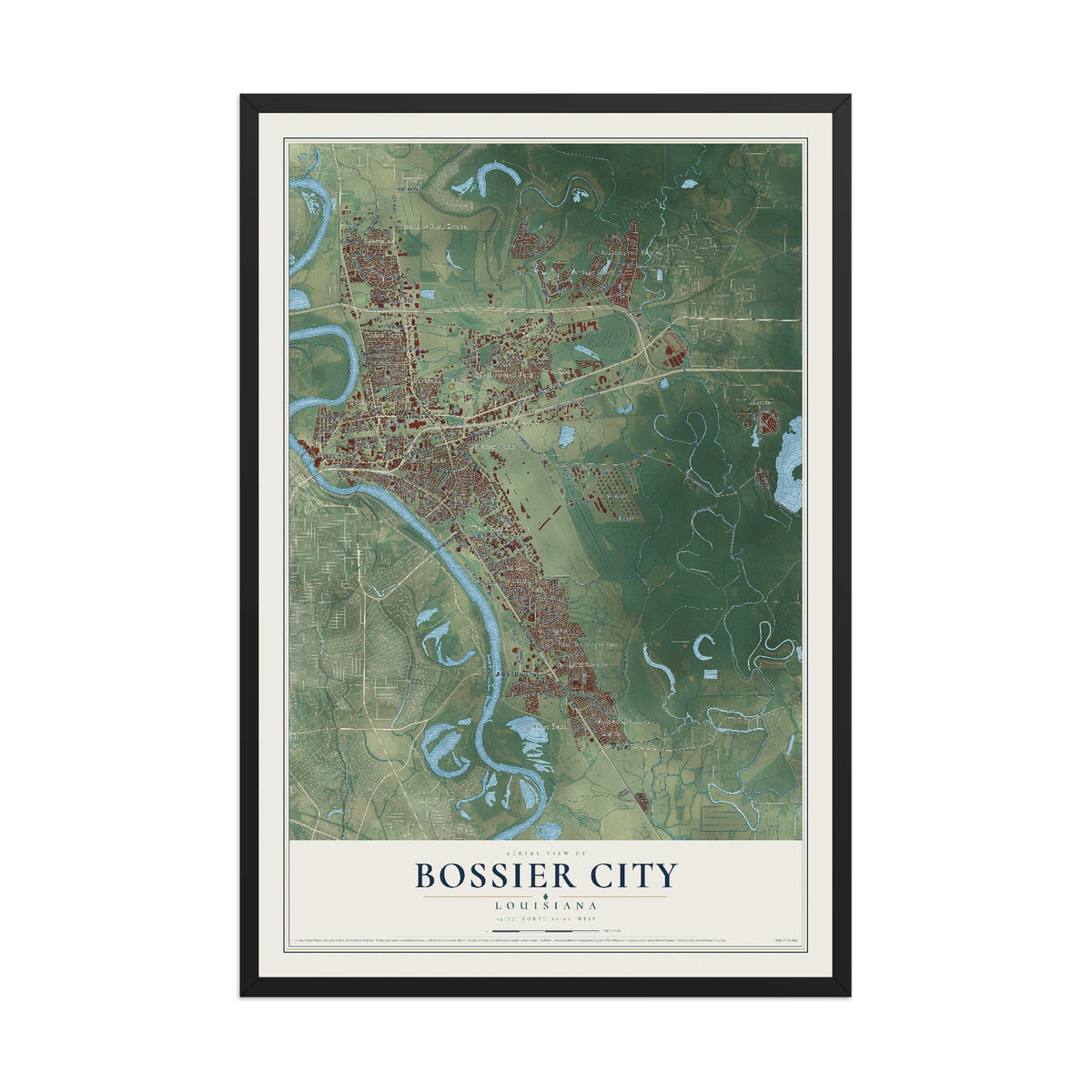 Map of Bossier City, Louisiana, 12 x 18 inch print in a black wood frame