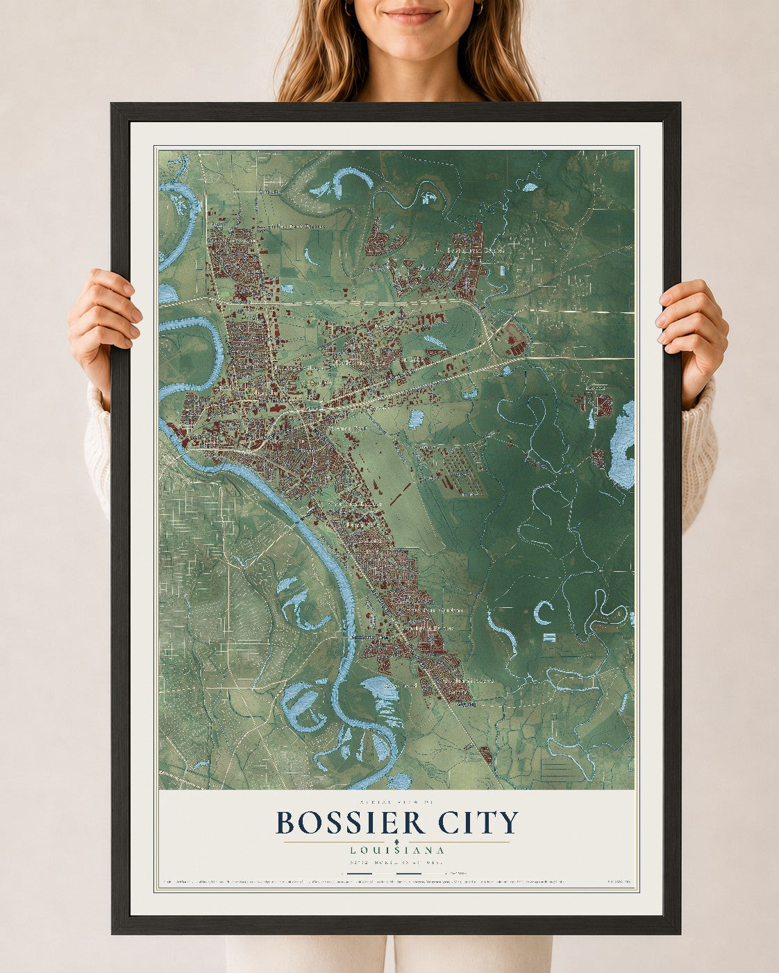 Map of Bossier City, Louisiana, 24 x 36 inch print in a black wood frame