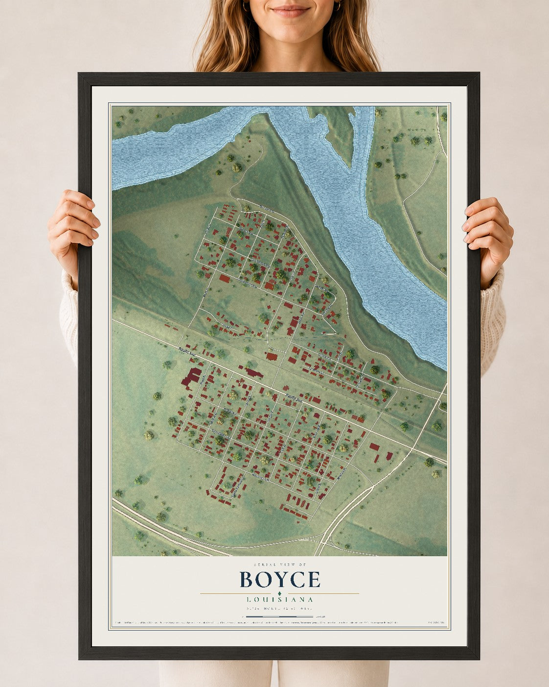 Map of Boyce, Louisiana, 24 x 36 inch print in a black wood frame