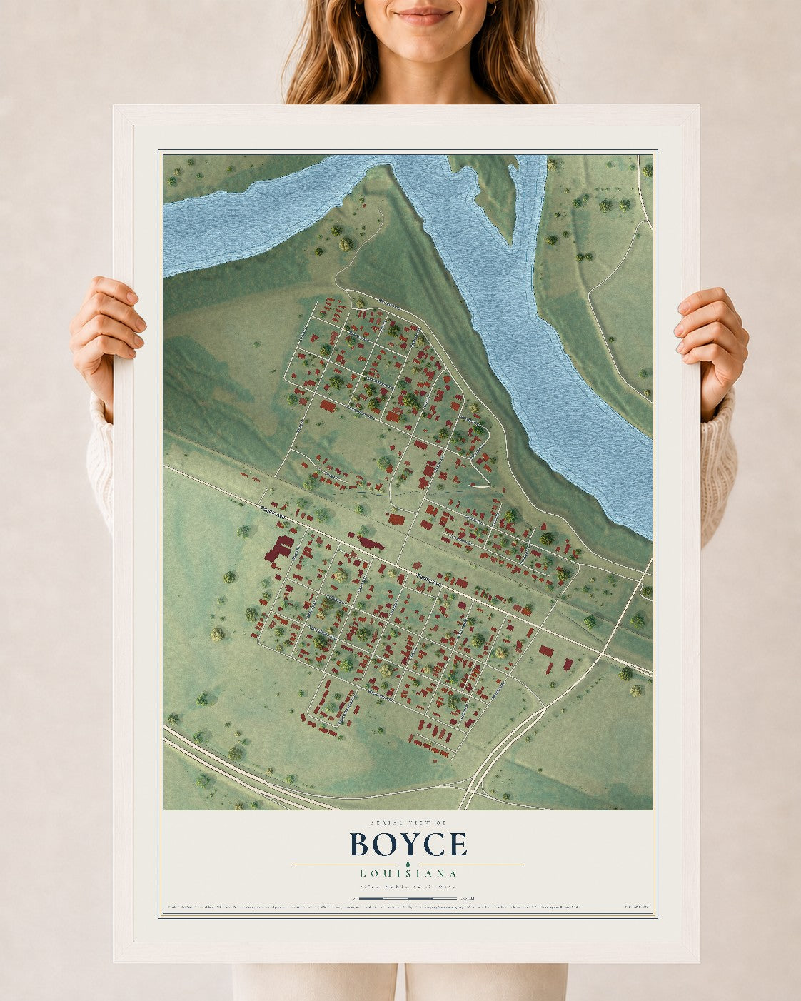 Map of Boyce, Louisiana, 24 x 36 inch print in a white wood frame