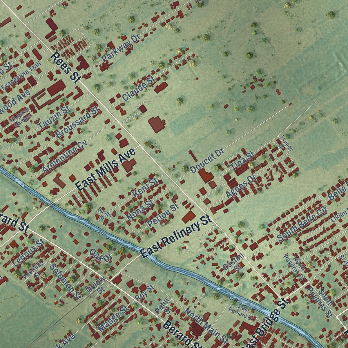 Close-up of the map of Breaux Bridge, Louisiana print showing street and building detail