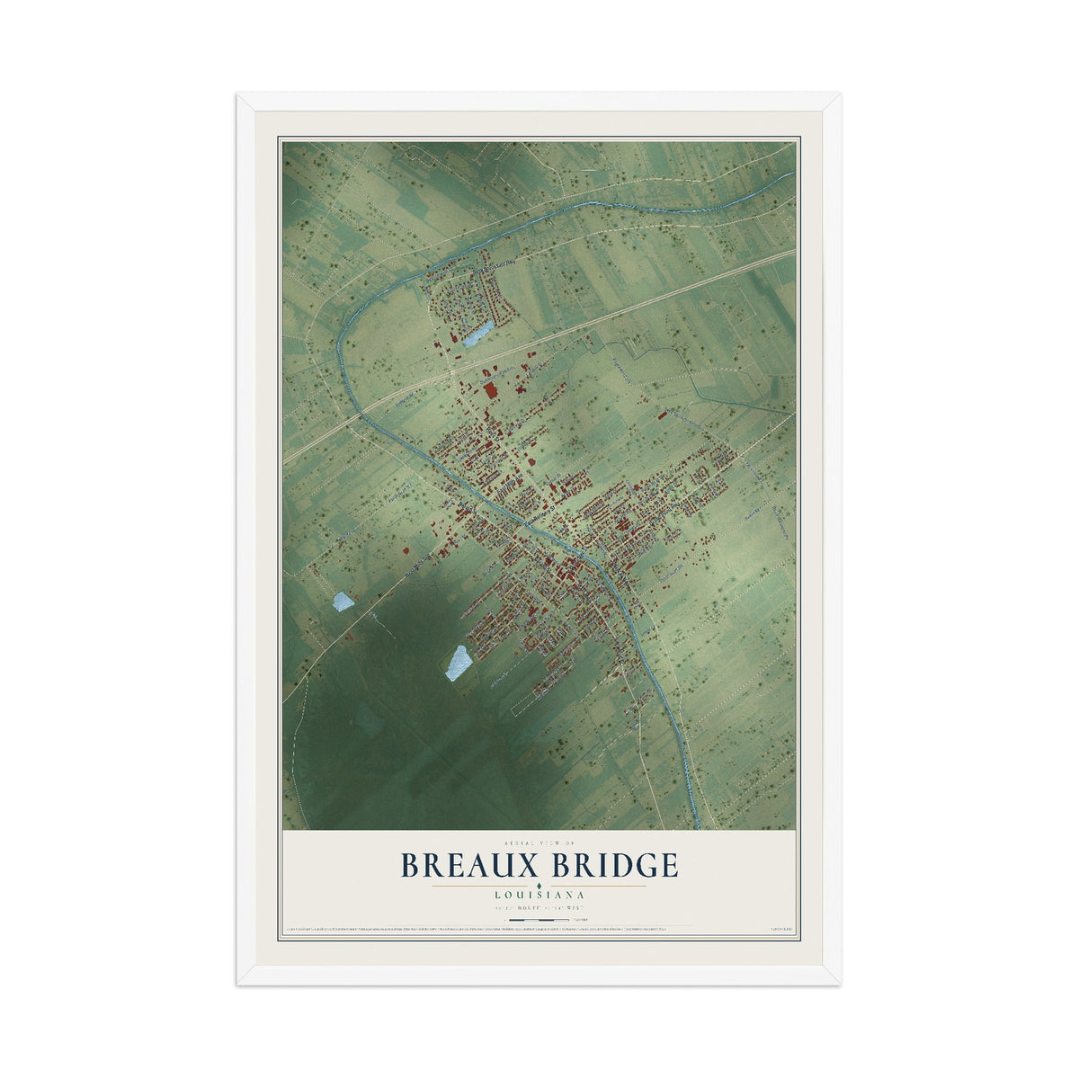 Map of Breaux Bridge, Louisiana, 12 x 18 inch print in a white wood frame