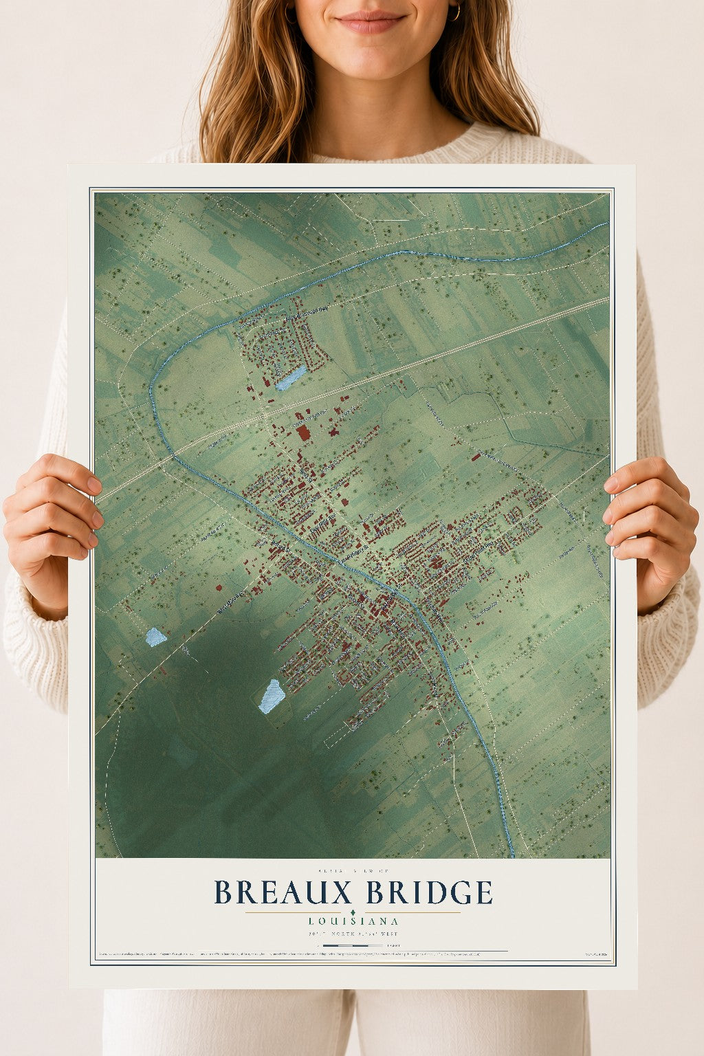 Map of Breaux Bridge, Louisiana, 18 x 24 inch unframed archival matte print