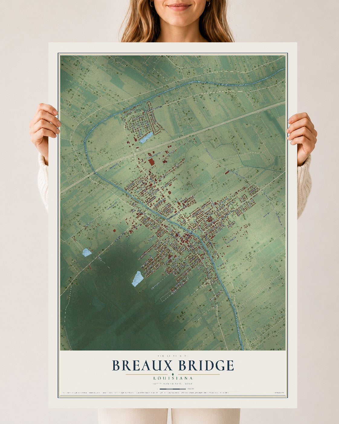 Map of Breaux Bridge, Louisiana, 24 x 36 inch unframed archival matte print