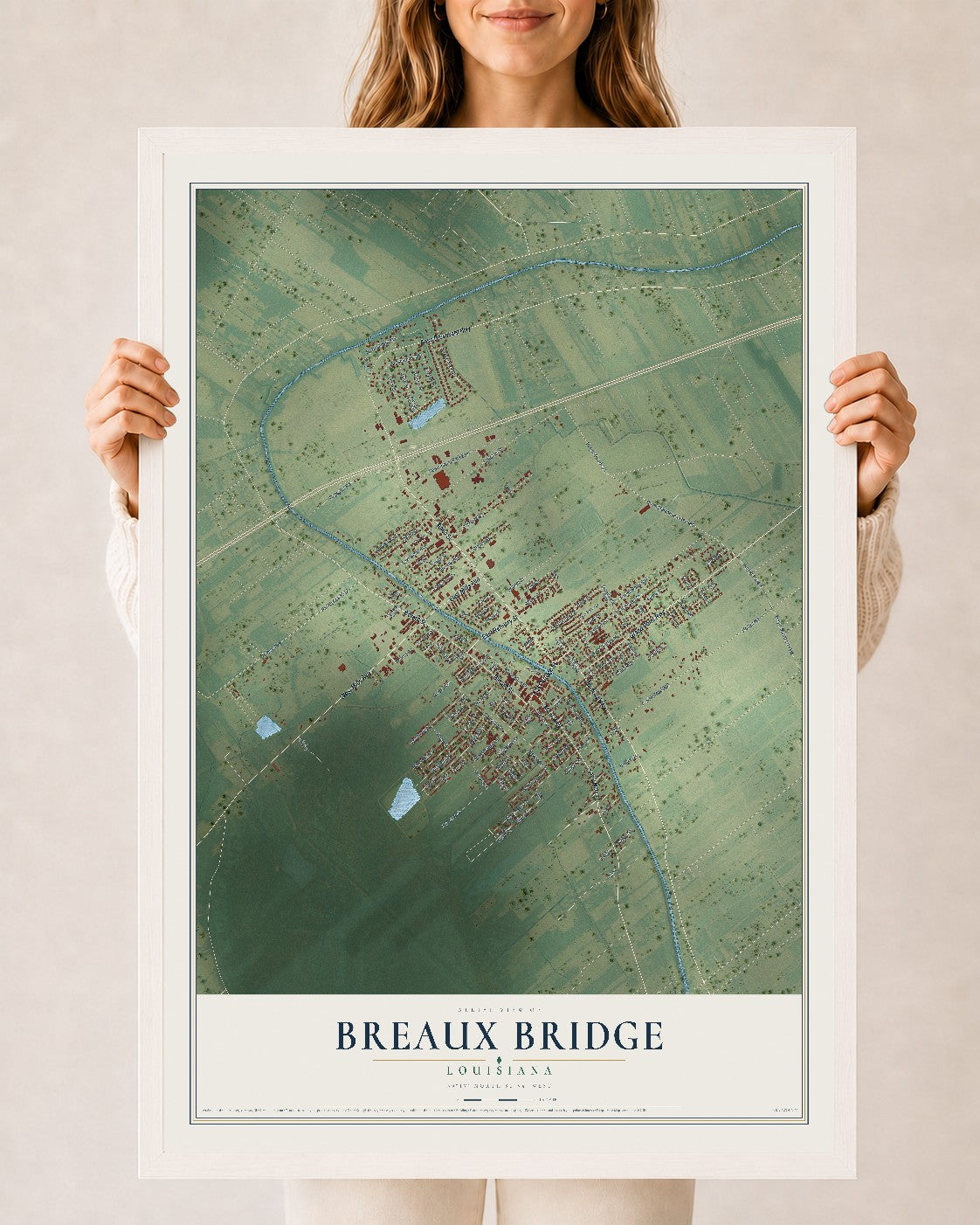 Map of Breaux Bridge, Louisiana, 24 x 36 inch print in a white wood frame