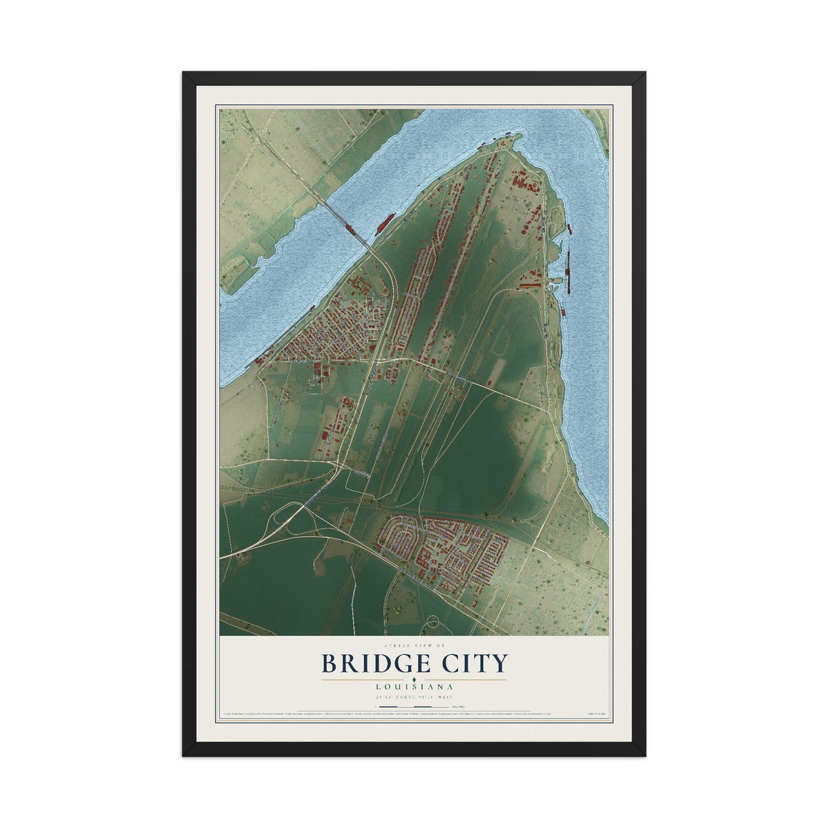 Map of Bridge City, Louisiana, 12 x 18 inch print in a black wood frame