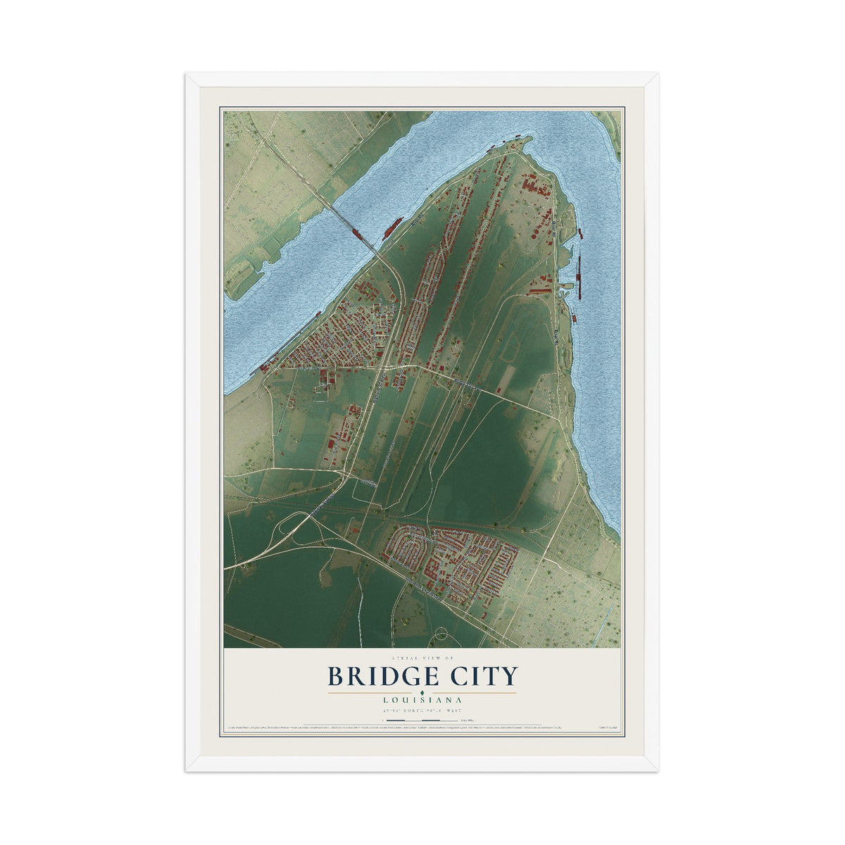 Map of Bridge City, Louisiana, 12 x 18 inch print in a white wood frame