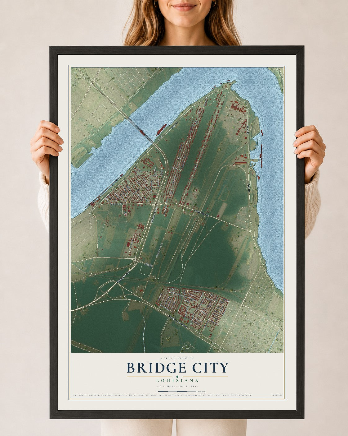 Map of Bridge City, Louisiana, 24 x 36 inch print in a black wood frame