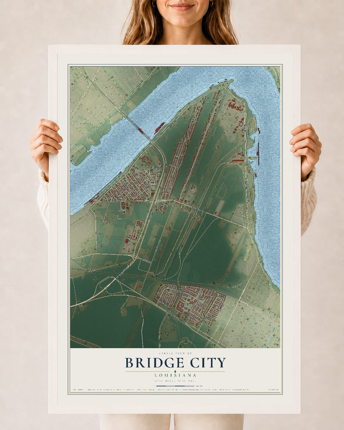 Map of Bridge City, Louisiana, 24 x 36 inch print in a white wood frame