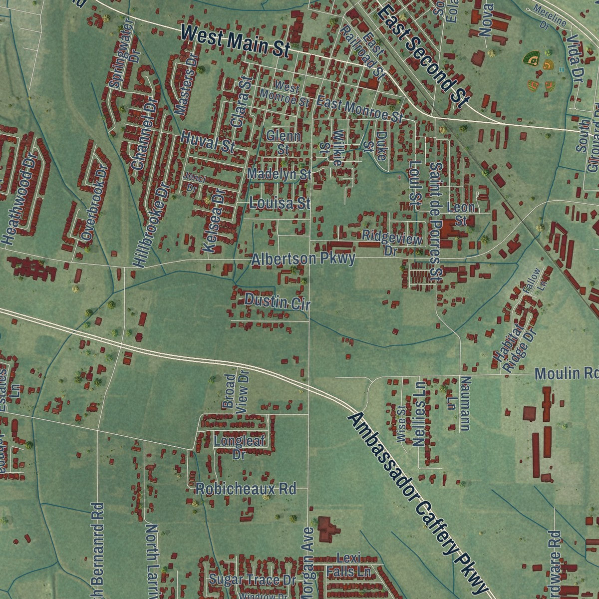 Close-up of the map of Broussard, Louisiana print showing street and building detail