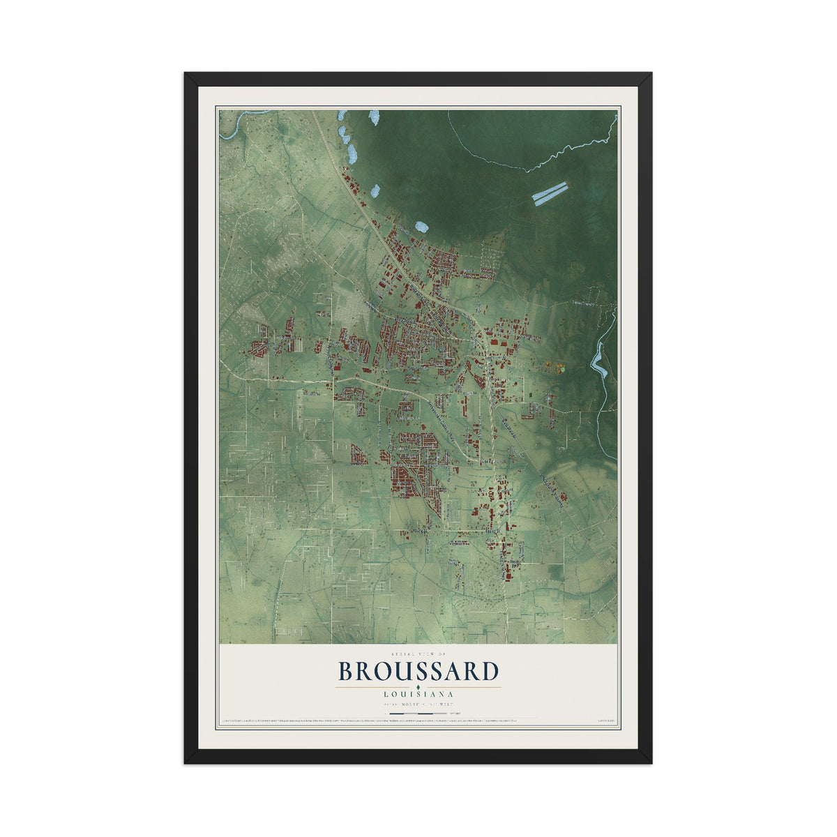 Map of Broussard, Louisiana, 12 x 18 inch print in a black wood frame