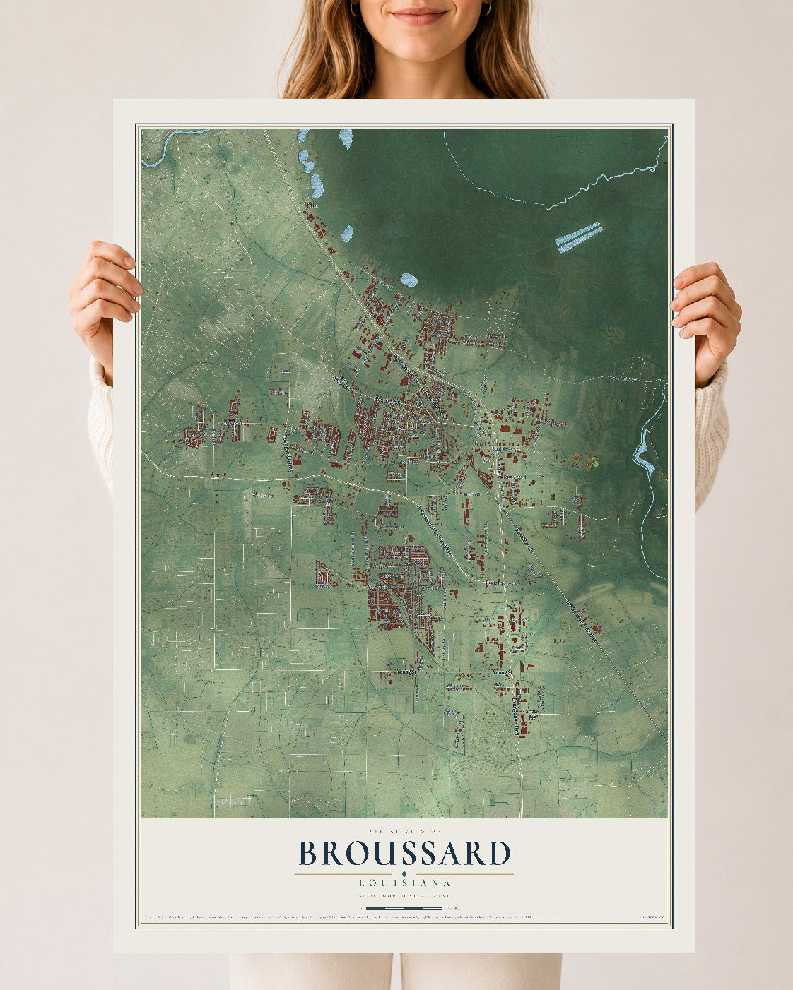 Map of Broussard, Louisiana, 24 x 36 inch unframed archival matte print