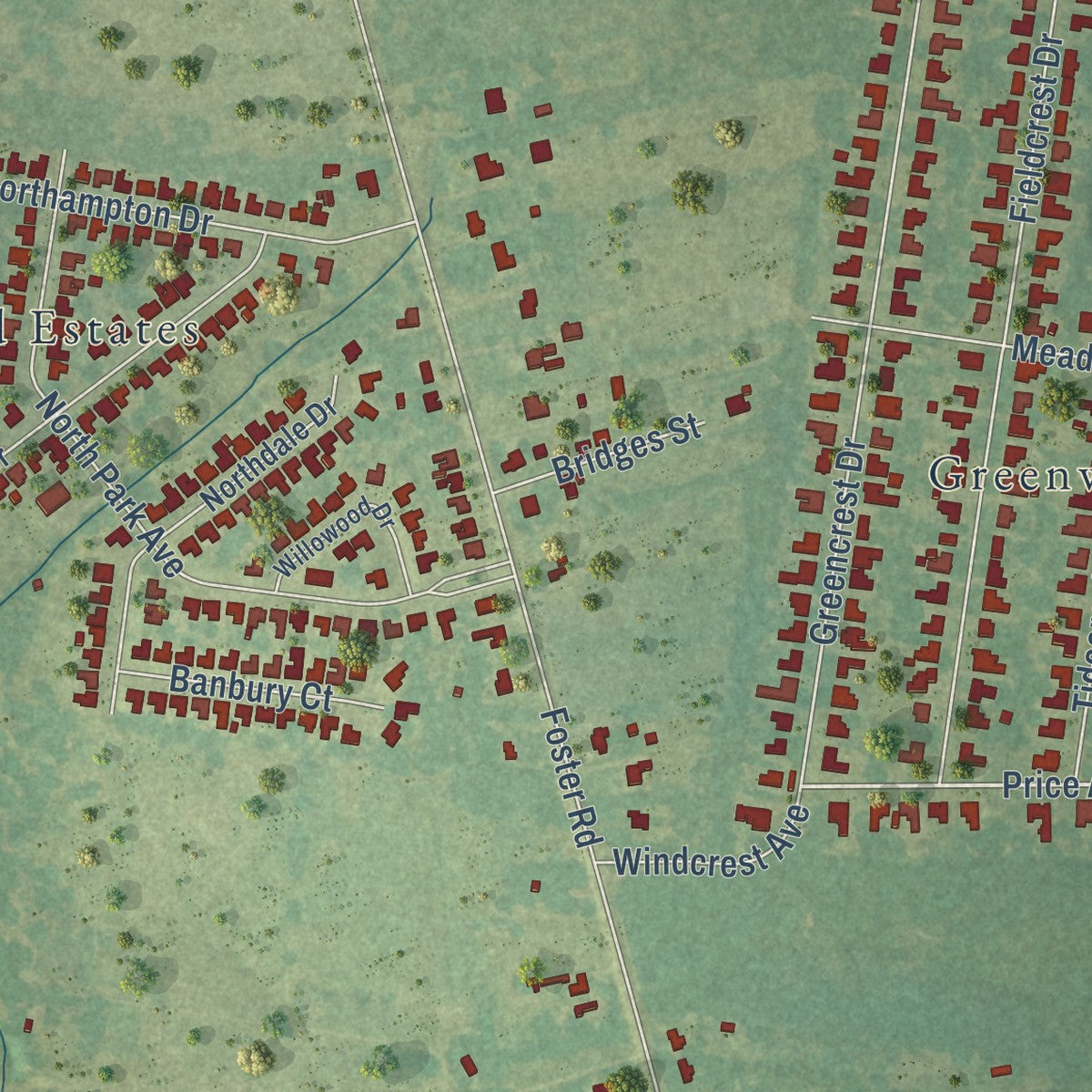 Close-up of the map of Brownfields, Louisiana print showing street and building detail