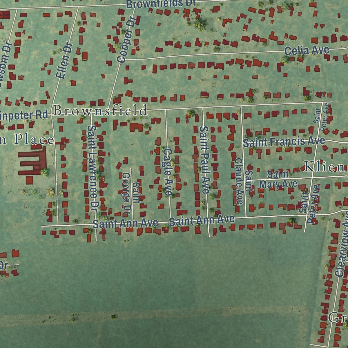 Second close-up of the map of Brownfields, Louisiana print showing more streets and buildings