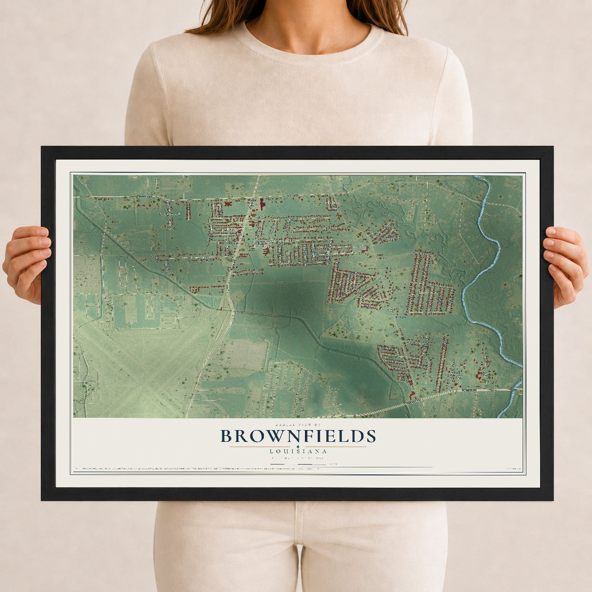 Map of Brownfields, Louisiana, 12 x 18 inch print in a black wood frame