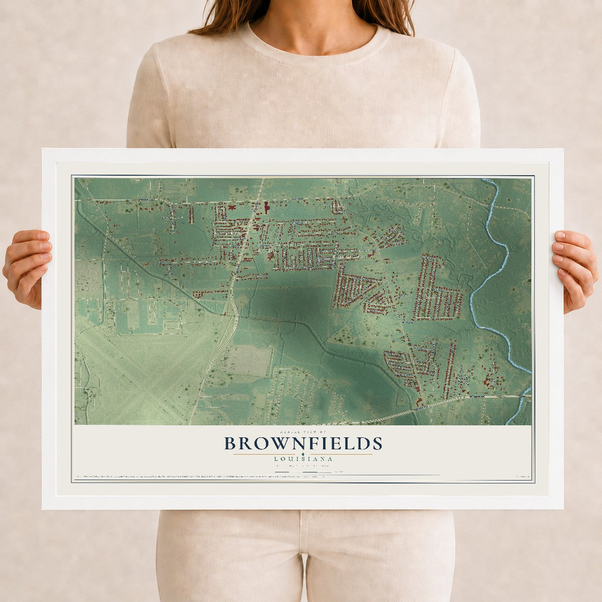 Map of Brownfields, Louisiana, 12 x 18 inch print in a white wood frame