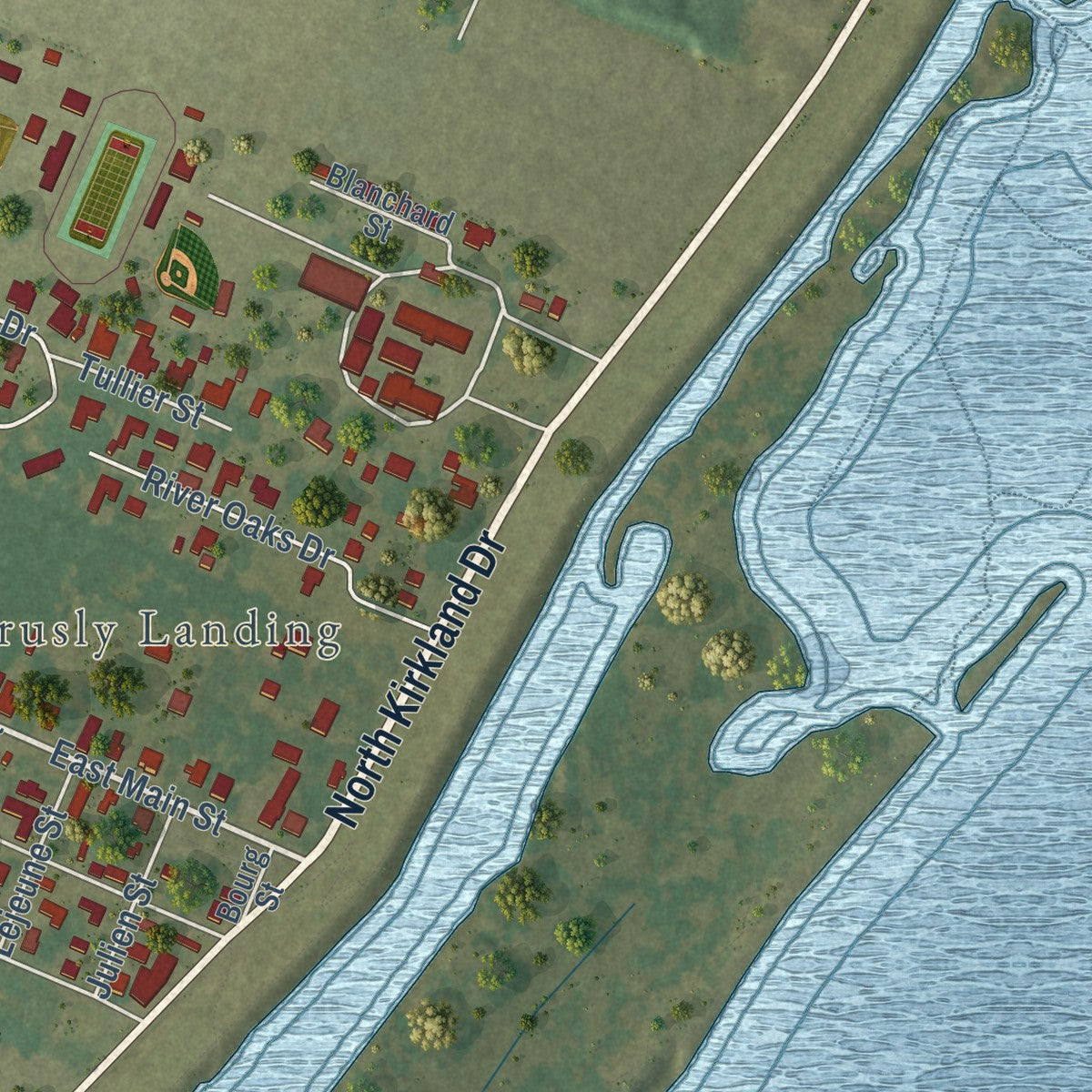 Close-up of the map of Brusly, Louisiana print showing street and building detail