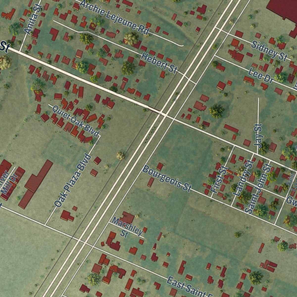 Second close-up of the map of Brusly, Louisiana print showing more streets and buildings