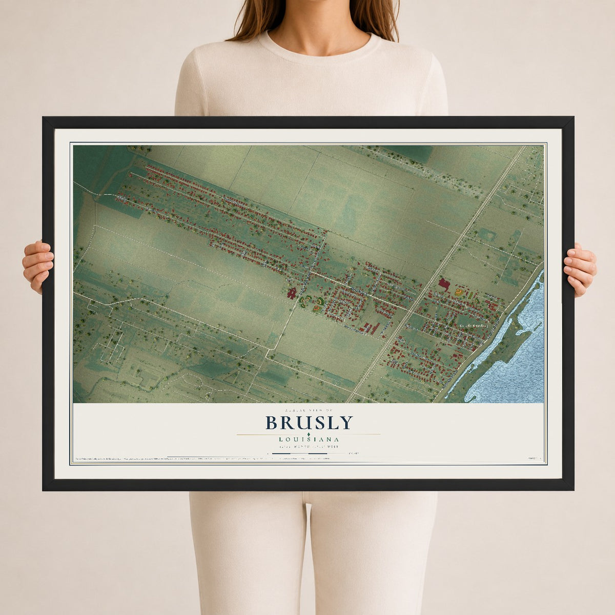 Map of Brusly, Louisiana, 24 x 36 inch print in a black wood frame