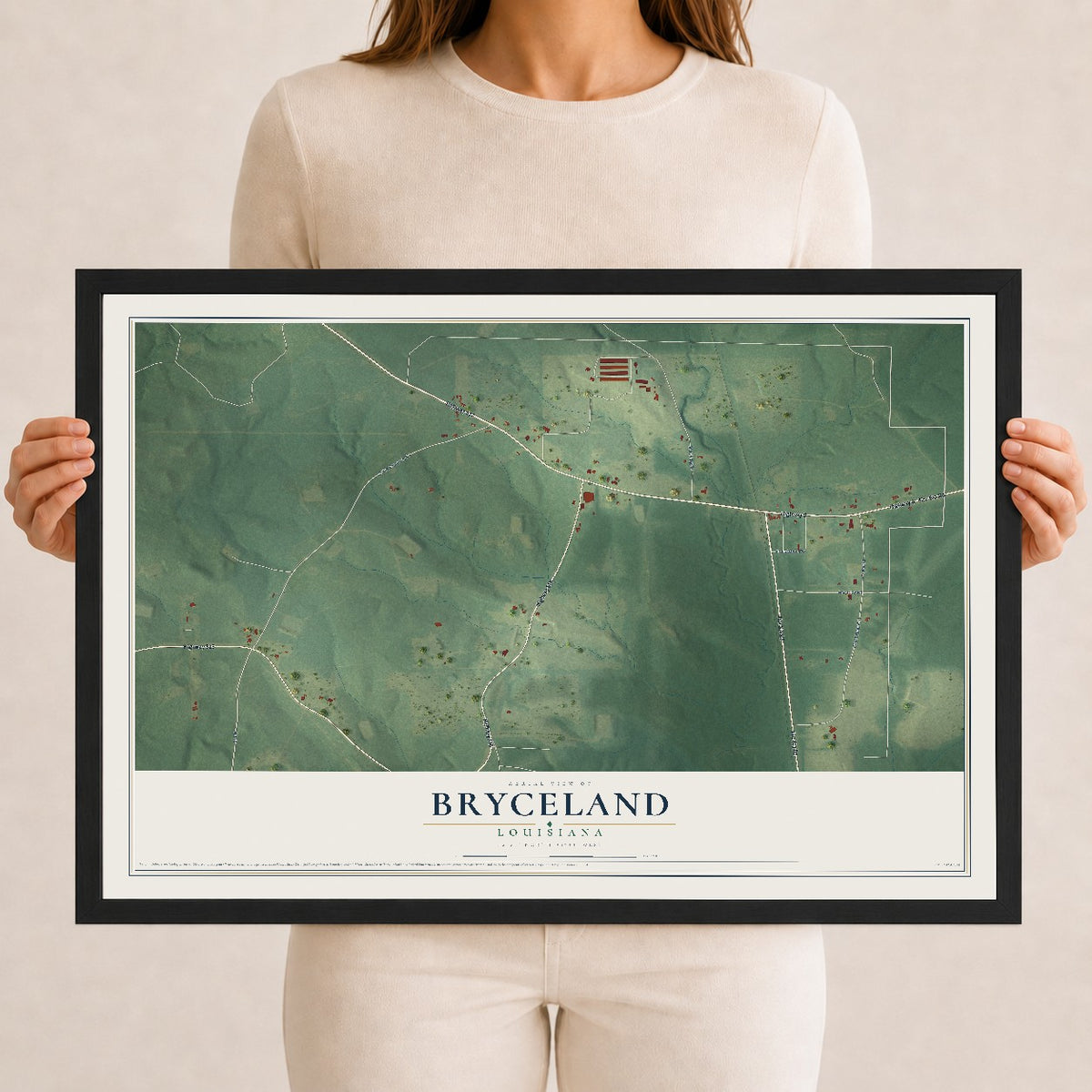 Map of Bryceland, Louisiana, 12 x 18 inch print in a black wood frame